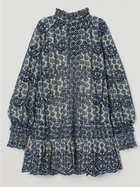 Sabyasachi Navy Blue and Cream Long Sleeve Floral Lace Dress